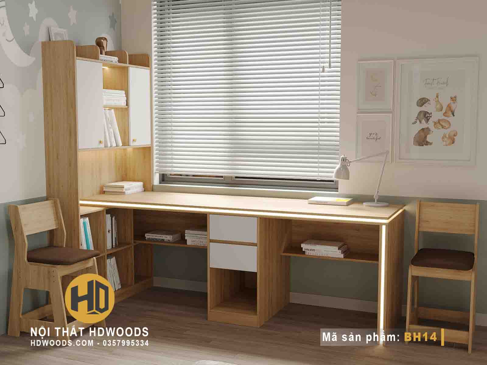 Bàn học đôi liền giá sách BH14 có rất nhiều ngăn cho trẻ lưu trữ sách vở, đồ đạc