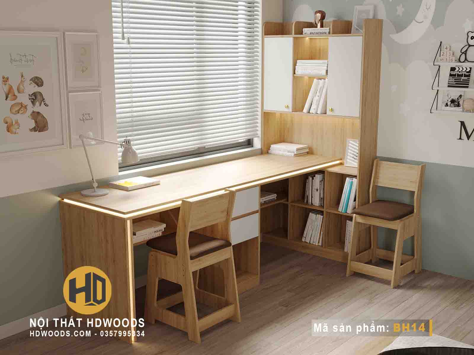 Bàn học đôi liền giá sách BH14 an toàn cho trẻ