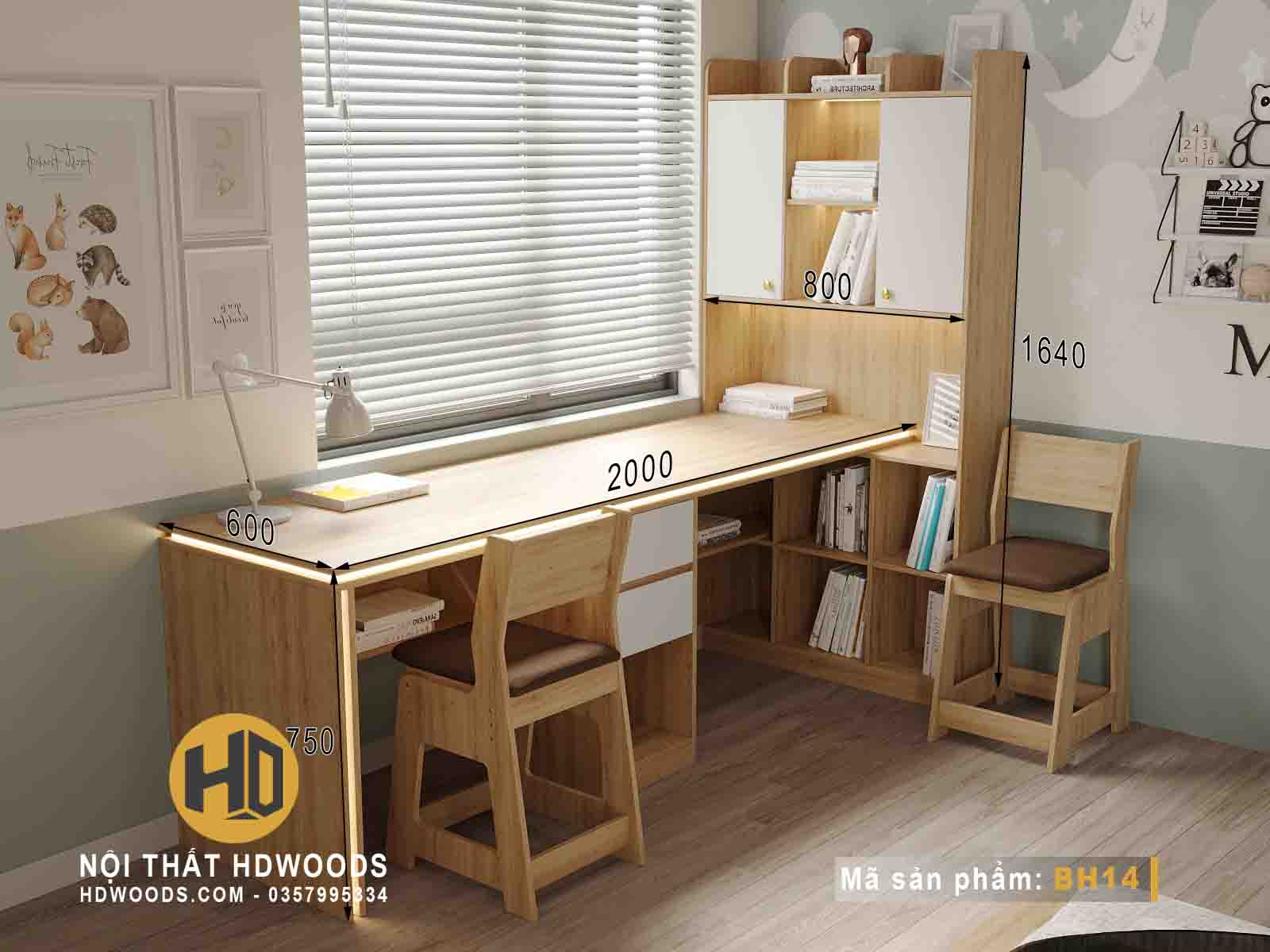 Kích thước bàn học đôi liền giá sách BH14