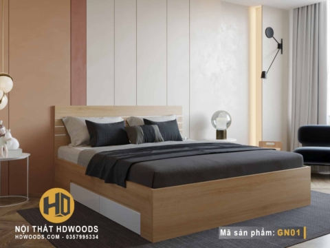 Giường ngủ đẹp GN01 màu gỗ vàng sáng thanh lịch