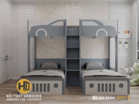 Giường 3 tầng GT27 - Màu sắc tươi sáng và họa tiết ô tô đáng yêu