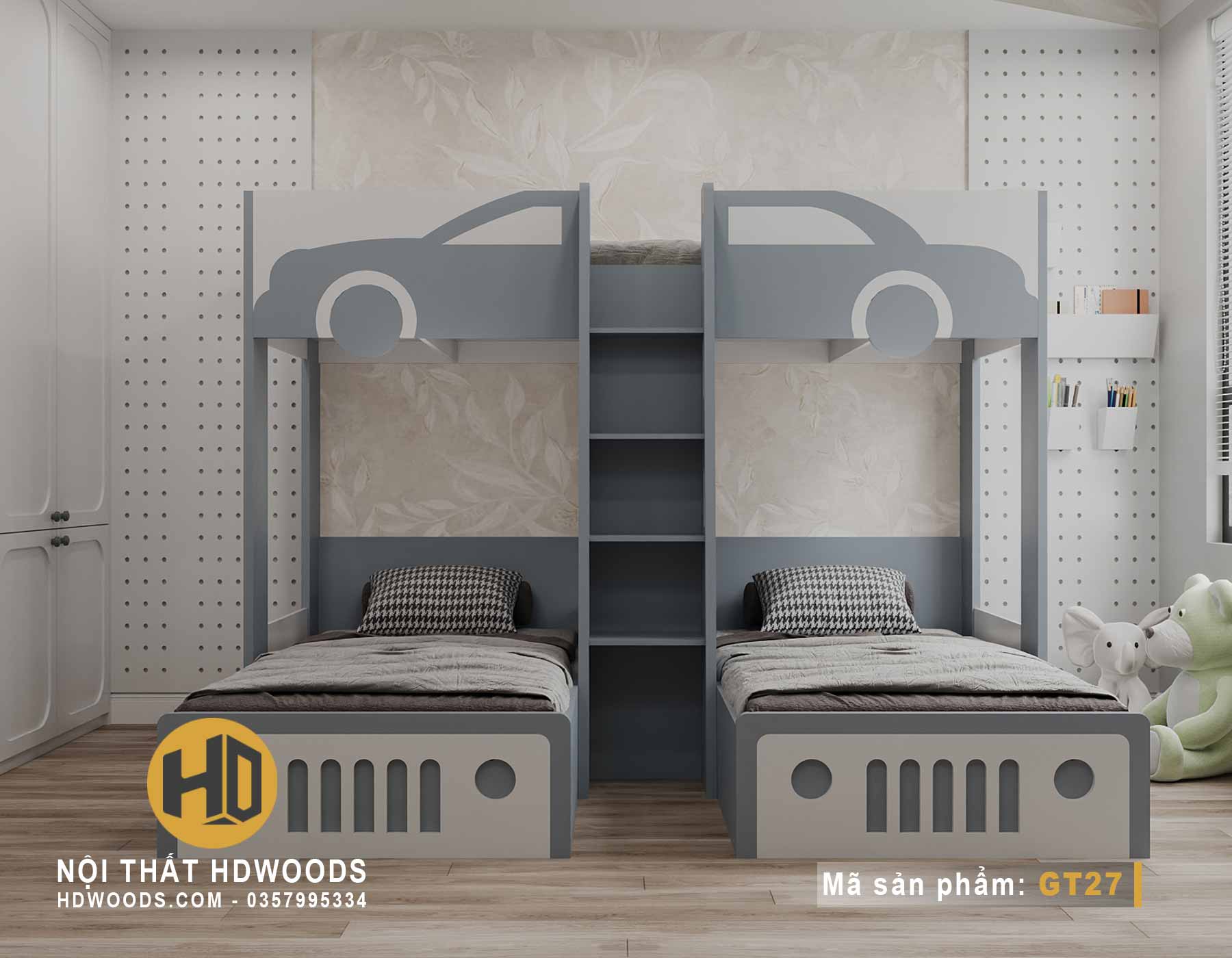 Giường 3 tầng GT27 - Màu sắc tươi sáng và họa tiết ô tô đáng yêu