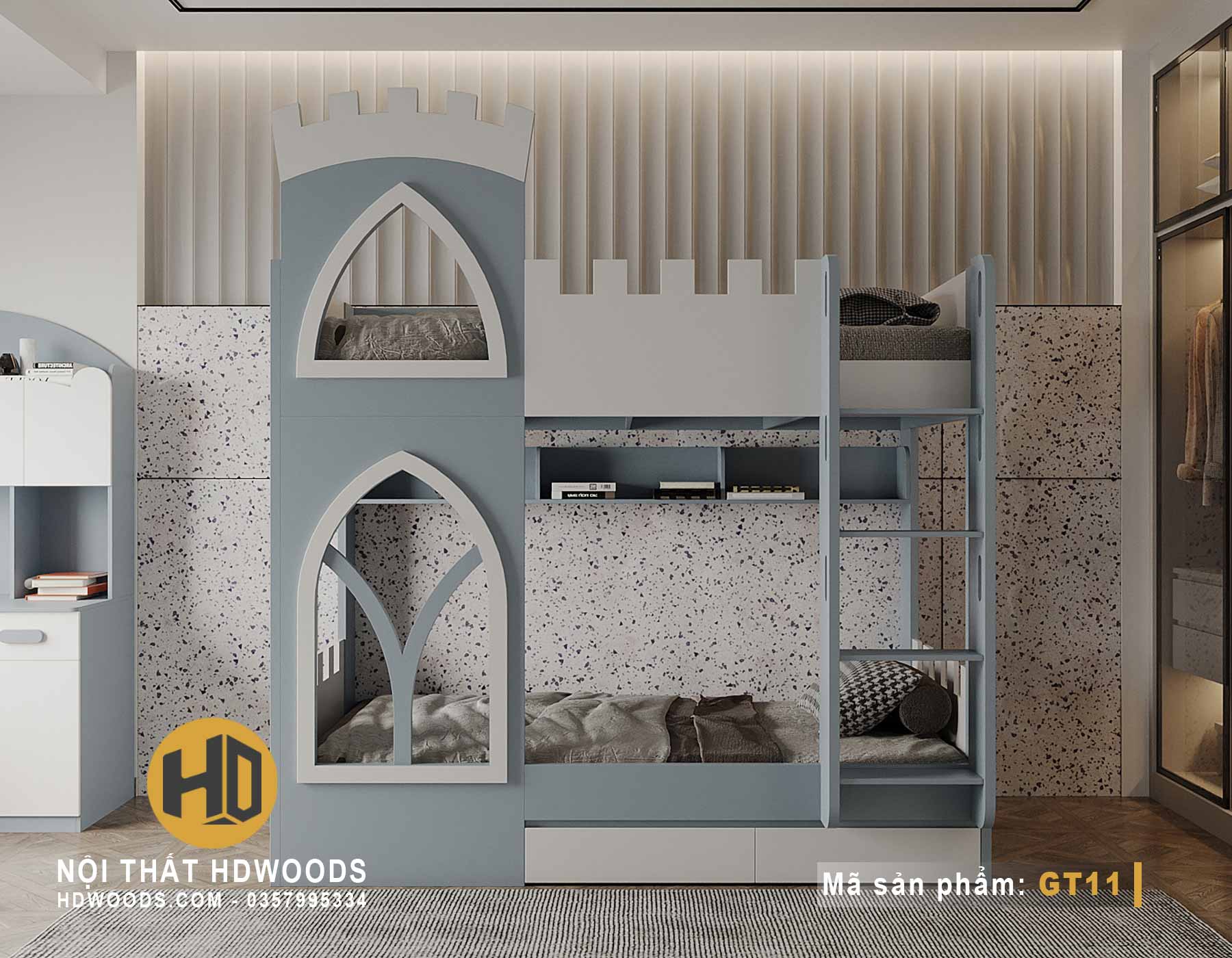 Giường Tầng Bằng Gỗ GT11 Với Thiết Kế Lâu Đài Độc Đáo