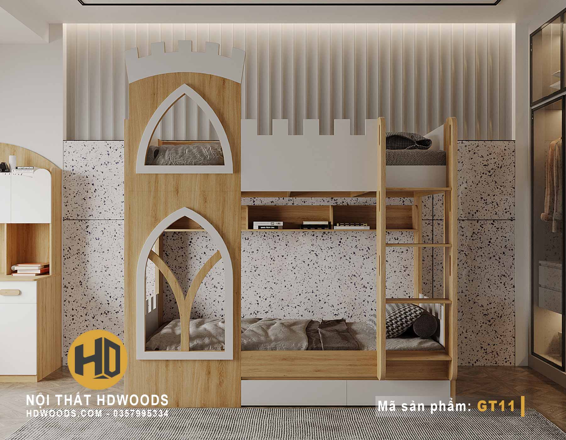 Giường Tầng Bằng Gỗ GT11 Với Nhiều Tiện Ích