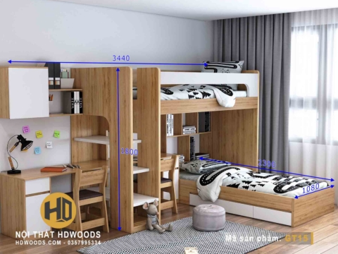 Kích thước giường tầng kết hợp bàn học GT15