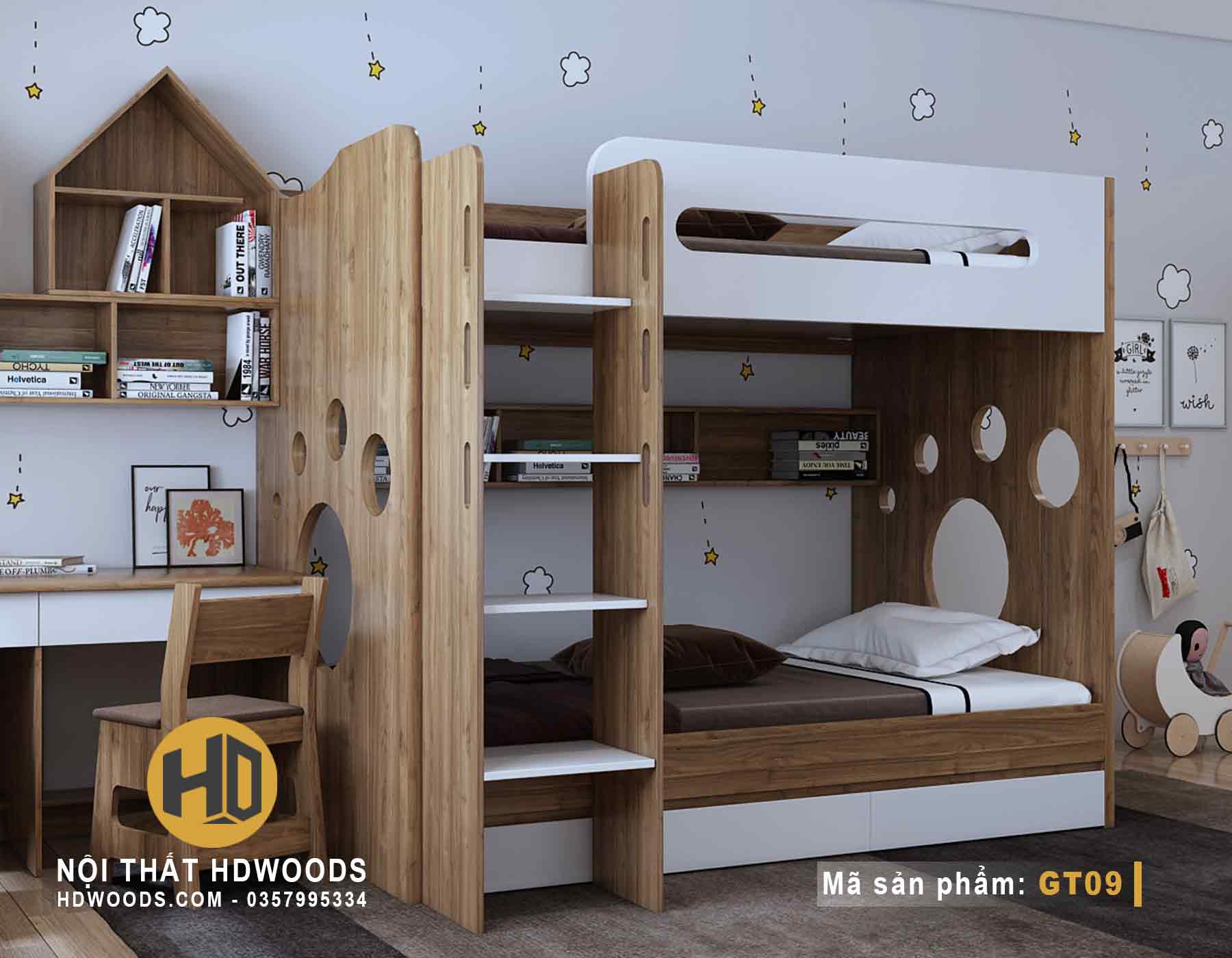 Giường tầng trẻ em đẹp GT09 với khoảng cách thông thoáng